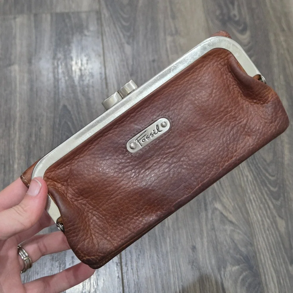 Fossil Kisslock Leather Clutch Wallet Brown Coin Pouch Card Holder Vintage